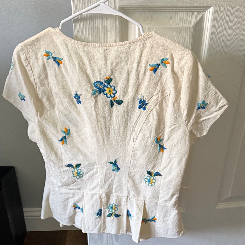 Free People Cream Blouse with Blue Floral Embroidery - Picture 2 of 3